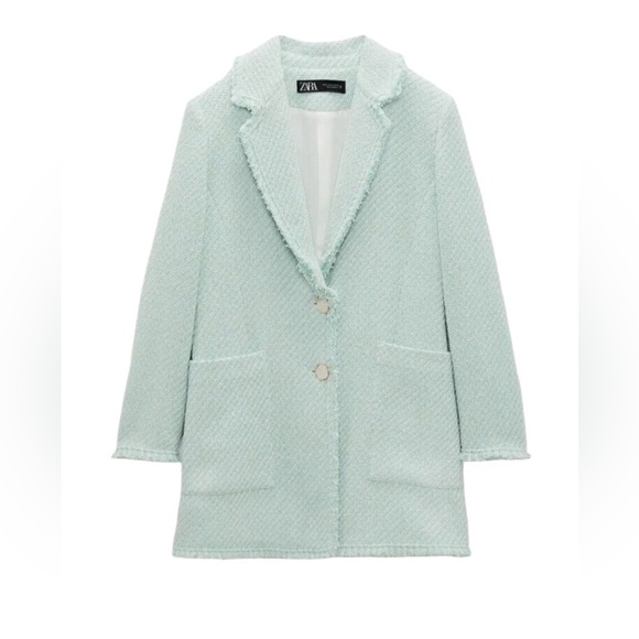 Zara Green White Tweed Textured Long Blazer-Small - Picture 2 of 15